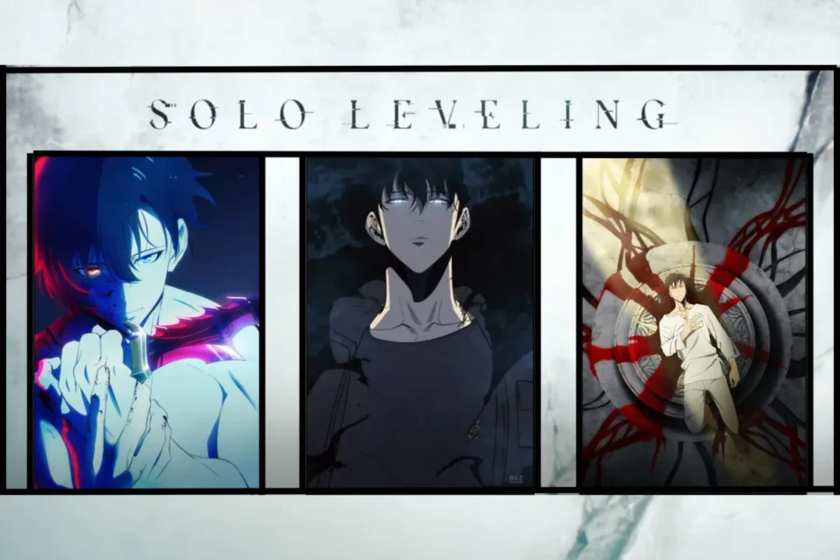 Montagem em três partes para a análise completa de Solo Leveling, mostrando a evolução de Sung Jin-Woo: de caçador fraco, seu renascimento como jogador, até se tornar o poderoso Monarca das Sombras.