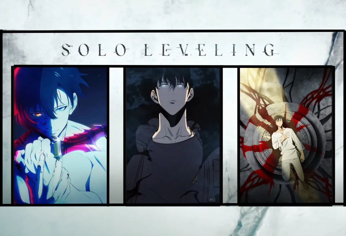 Montagem em três partes para a análise completa de Solo Leveling, mostrando a evolução de Sung Jin-Woo: de caçador fraco, seu renascimento como jogador, até se tornar o poderoso Monarca das Sombras.