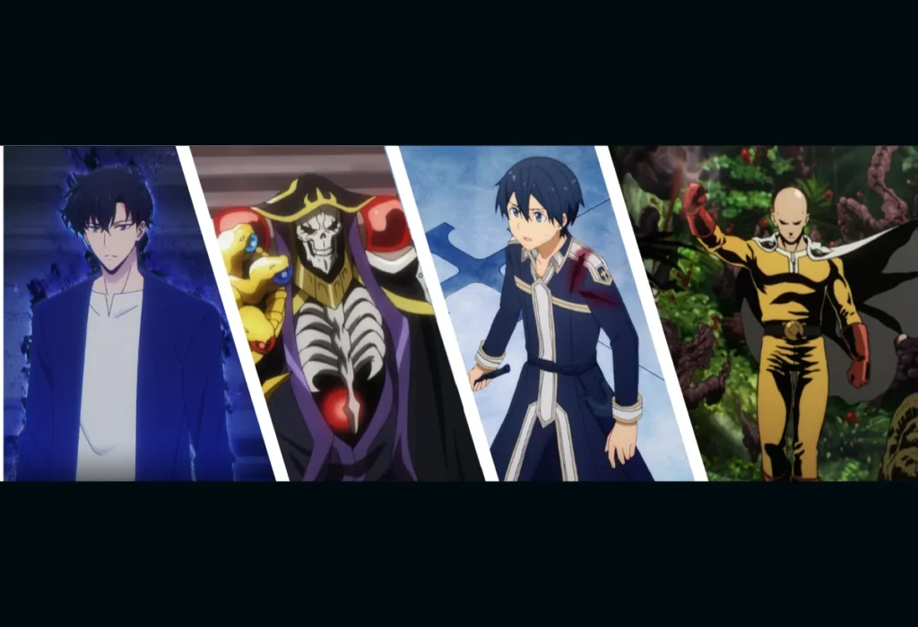 Análise comparativa de protagonista overpowered, com montagem de Sung Jin-Woo (Solo Leveling), Ainz Ooal Gown (Overlord), Kirito (Sword Art Online) e Saitama (One-Punch Man).