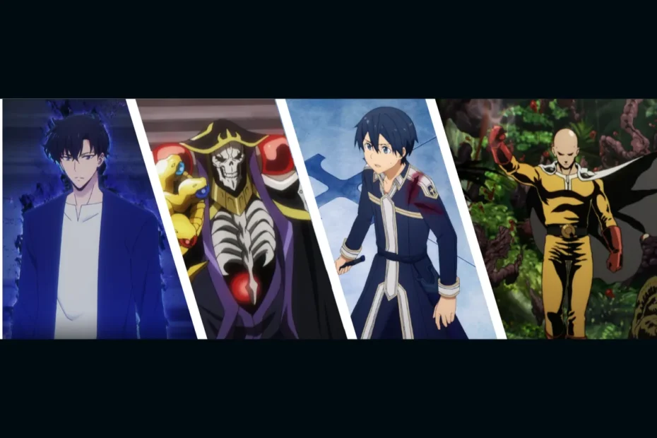 Análise comparativa de protagonista overpowered, com montagem de Sung Jin-Woo (Solo Leveling), Ainz Ooal Gown (Overlord), Kirito (Sword Art Online) e Saitama (One-Punch Man).
