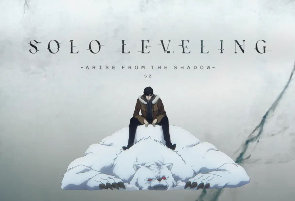 Análise da Temporada 2 de Solo Leveling: Arise from the Shadow, com montagem de Sung Jin-Woo montado em urso derrotado, demonstrando seu poder como Monarca das Sombras.
