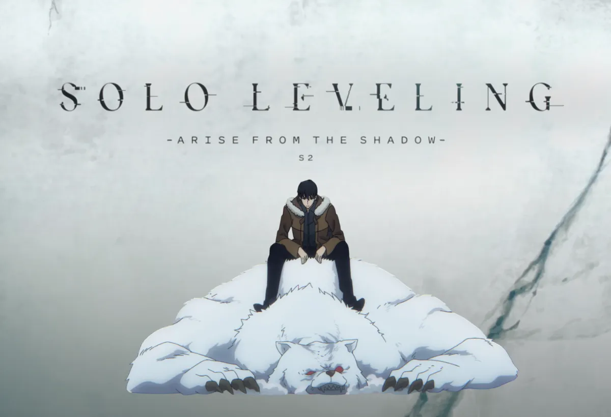Análise da Temporada 2 de Solo Leveling: Arise from the Shadow, com montagem de Sung Jin-Woo montado em urso derrotado, demonstrando seu poder como Monarca das Sombras.