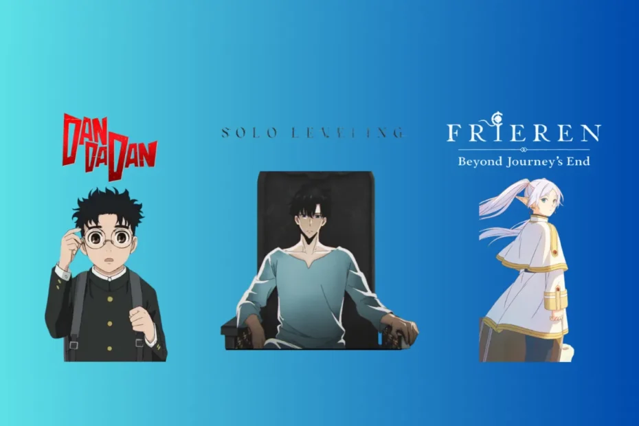 Comparativo entre os protagonistas de Solo Leveling, Frieren: Beyond Journey's End e DAN DA DAN, os principais concorrentes do Crunchyroll Anime Awards 2025.