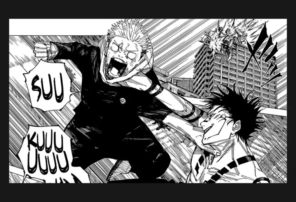 Terceira Temporada de Jujutsu Kaisen: Tudo Sobre o Arco do Jogo do Abate 2 Painel do mangá de Jujutsu Kaisen mostrando uma batalha intensa de Sukuna no corpo de Yuji durante o Culling Game Arc (Jogo do Abate), que será adaptado na Temporada 3.