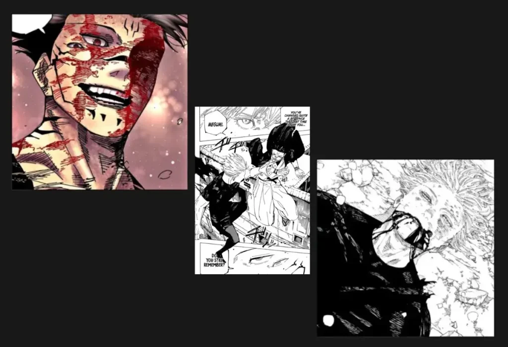Terceira Temporada de Jujutsu Kaisen: Tudo Sobre o Arco do Jogo do Abate 4 Montagem de painéis do mangá mostrando a intensa batalha final contra Sukuna, indicando que a história de Jujutsu Kaisen continua após o arco do Jogo do Abate.