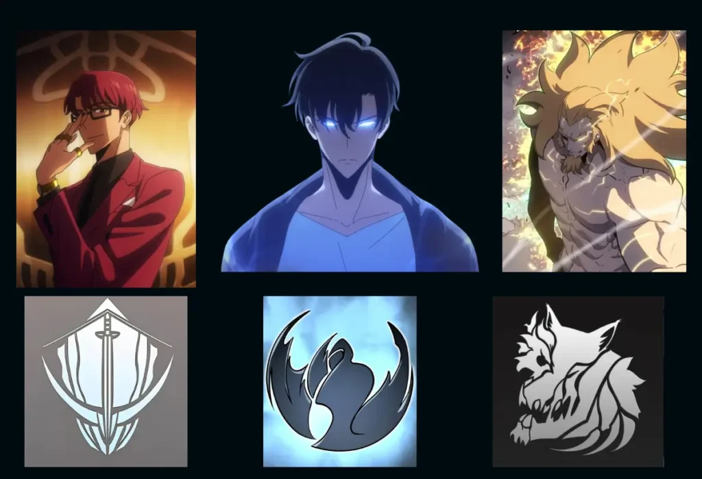 As Guildas de Solo Leveling: Como a Nova Economia e Sociedade Foram Criadas 7 Montagem dos caçadores Rank-S de Solo Leveling, Choi Jong-In, Sung Jin-Woo e Baek Yoon-Ho, com os logos de suas guildas, representando a nova classe de celebridades e a hierarquia social.