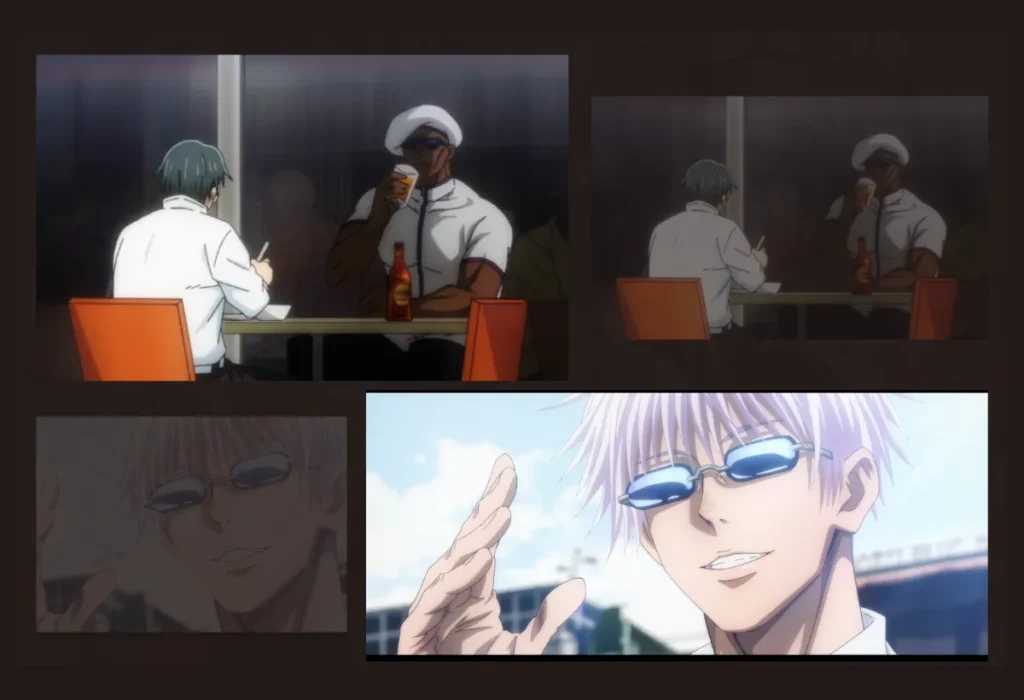 Montagem da importante cena pós-créditos do filme Jujutsu Kaisen 0, mostrando o encontro de Yuta Okkotsu com Satoru Gojo no exterior, conectando a história à série principal.