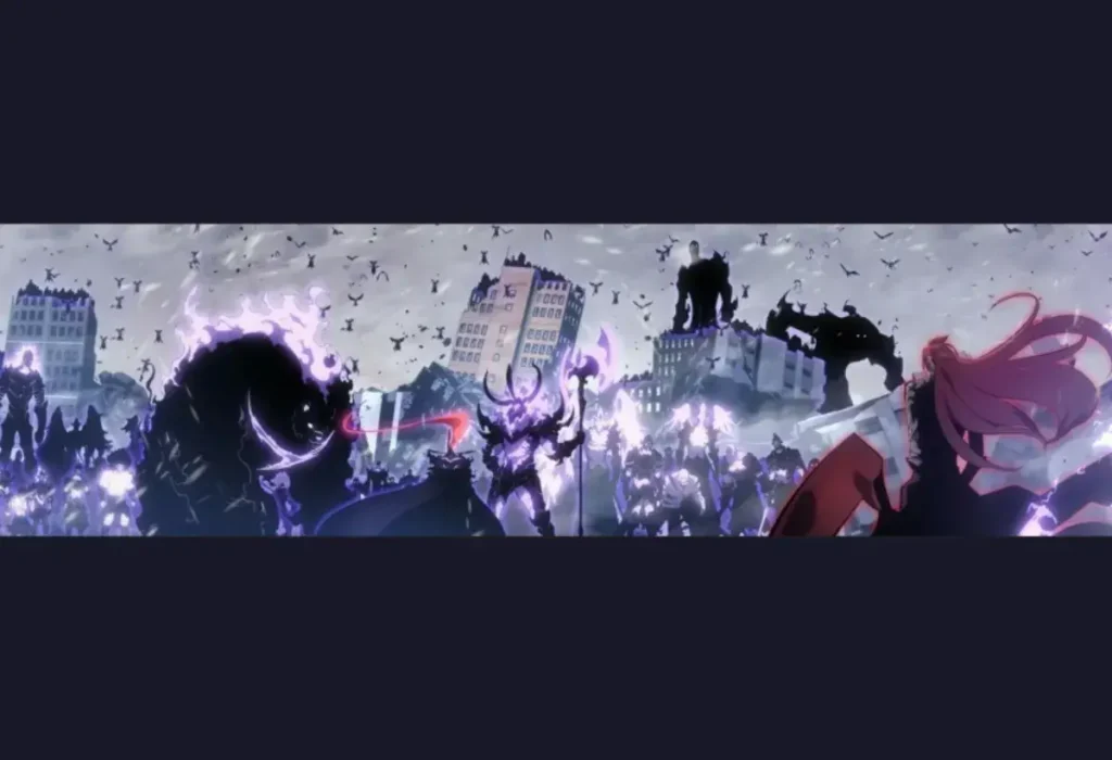 Imagem do clímax da batalha final do webtoon de Solo Leveling, mostrando Sung Jin-Woo liderando seu exército de sombras contra as forças dos Monarcas em uma cidade em ruínas.