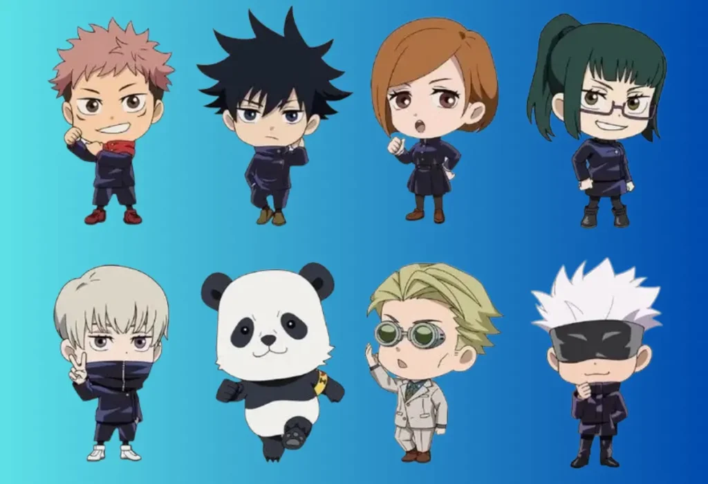 Guia Definitivo: Os 6 Tipos de Bonecos Colecionáveis de Jujutsu Kaisen que Todo Fã Precisa Conhecer 7 Coleção de ilustrações chibi oficiais dos personagens de Jujutsu Kaisen, usada como exemplo de produtos autênticos no guia de como evitar réplicas.