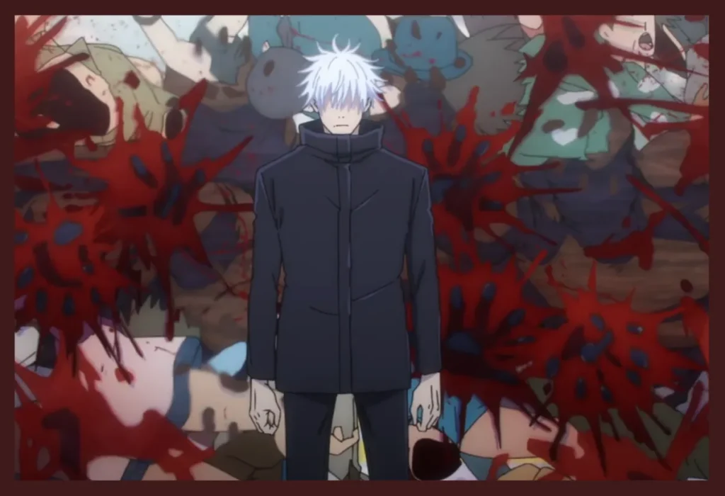 Satoru Gojo em meio aos civis mortos em Shibuya, ilustrando seu dilema moral e sua recusa em matar inocentes para lutar com seu poder total em Jujutsu Kaisen.