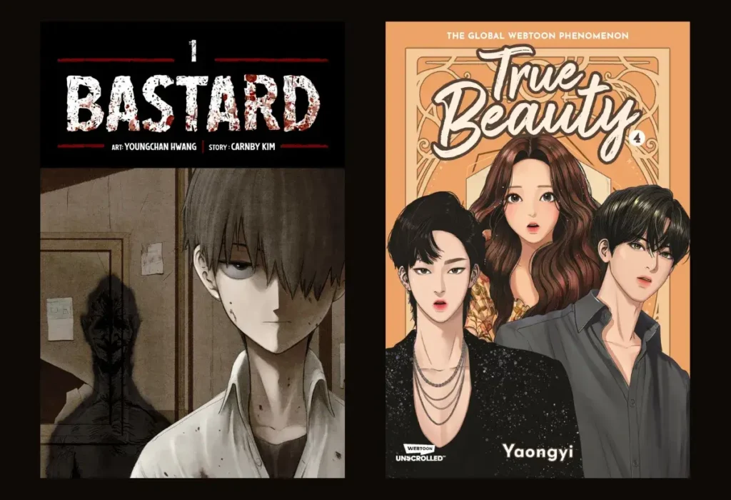 O Futuro dos Webtoons: Como o Sucesso de Solo Leveling Está Mudando a Indústria do Anime 2 Montagem mostrando a diversidade de gêneros dos webtoons, com a capa do thriller psicológico 'Bastard' ao lado da capa do romance 'True Beauty'.