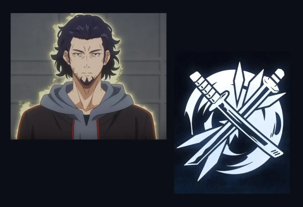 Ranking Definitivo: Às 10 Guildas Mais Fortes de Solo Leveling (Análise Completa) 16 Montagem da Draw Sword Guild (Guilda Saque a Espada), a guilda mais poderosa do Japão em Solo Leveling, mostrando seu Mestre, o caçador Rank-S Goto Ryuji, ao lado do logo da guilda.