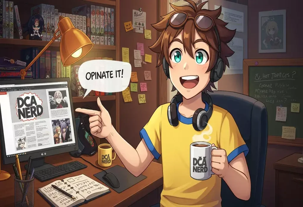 Top 5 Animes Mais Premiados no Crunchyroll Anime Awards 2025 7 Ilustração do editor do blog DCA Nerd, tomando café e convidando os leitores para a discussão.