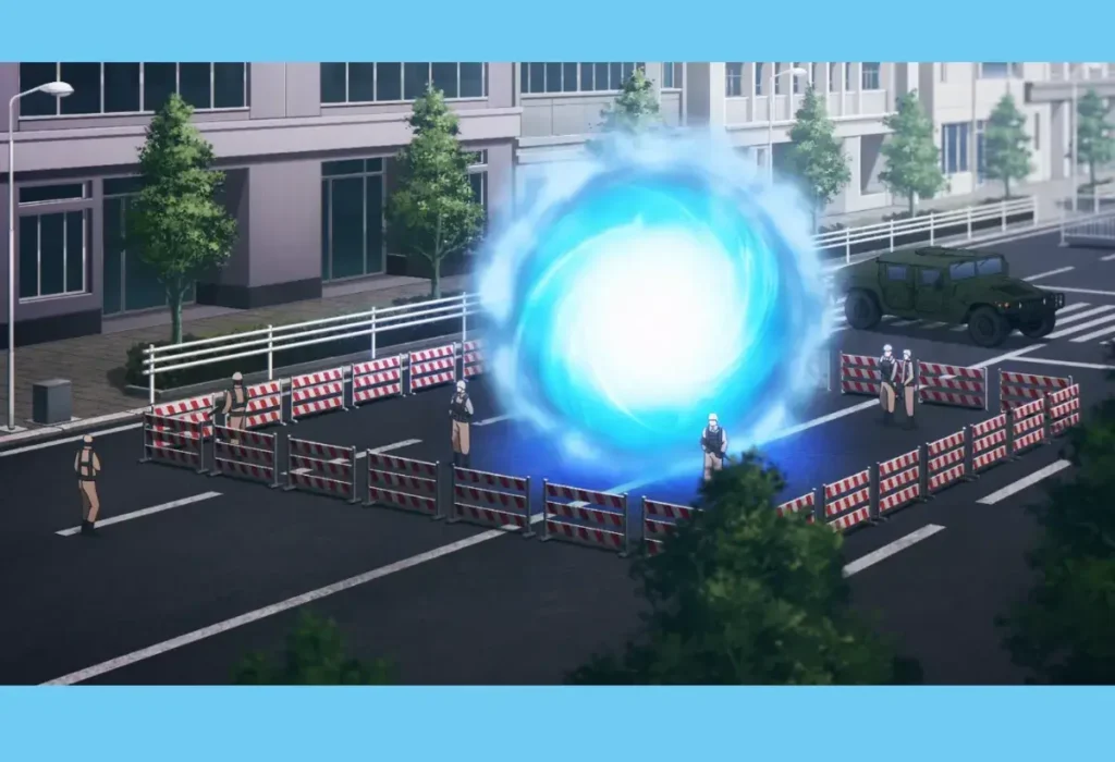 Gates e Dungeons em Solo Leveling: O Guia Definitivo dos Portais e Masmorras 1 Um Gate azul em Solo Leveling, uma fenda dimensional perigosa que conecta o mundo a dungeons cheias de monstros, sendo contido pelas autoridades.
