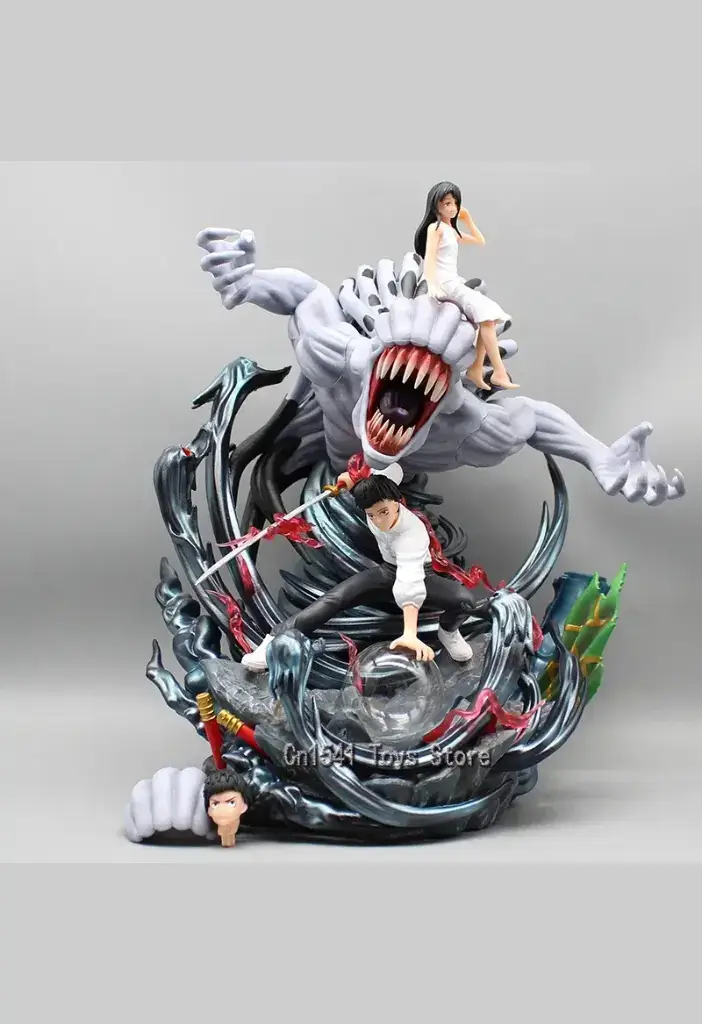 Guia Definitivo: Os 6 Tipos de Bonecos Colecionáveis de Jujutsu Kaisen que Todo Fã Precisa Conhecer 5 Exemplo de uma estátua de resina de alto padrão de Jujutsu Kaisen 0, mostrando Yuta Okkotsu em combate com a maldição Rika Orimoto em sua forma completa.