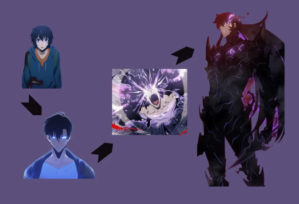 Terceira Temporada de Solo Leveling: Tudo Sobre a Continuação Épica 10 Montagem ilustrando a evolução de Sung Jin-Woo, desde sua fase inicial até sua forma como o poderoso Monarca das Sombras, um destaque da Terceira Temporada de Solo Leveling.