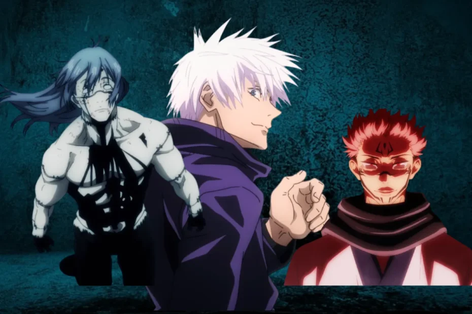 Guia de todas as expansões de domínio da 1ª temporada de Jujutsu Kaisen, com montagem de Satoru Gojo, Sukuna e Mahito, os três personagens que usaram a técnica.