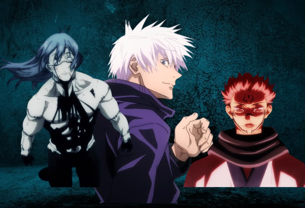 Guia de todas as expansões de domínio da 1ª temporada de Jujutsu Kaisen, com montagem de Satoru Gojo, Sukuna e Mahito, os três personagens que usaram a técnica.