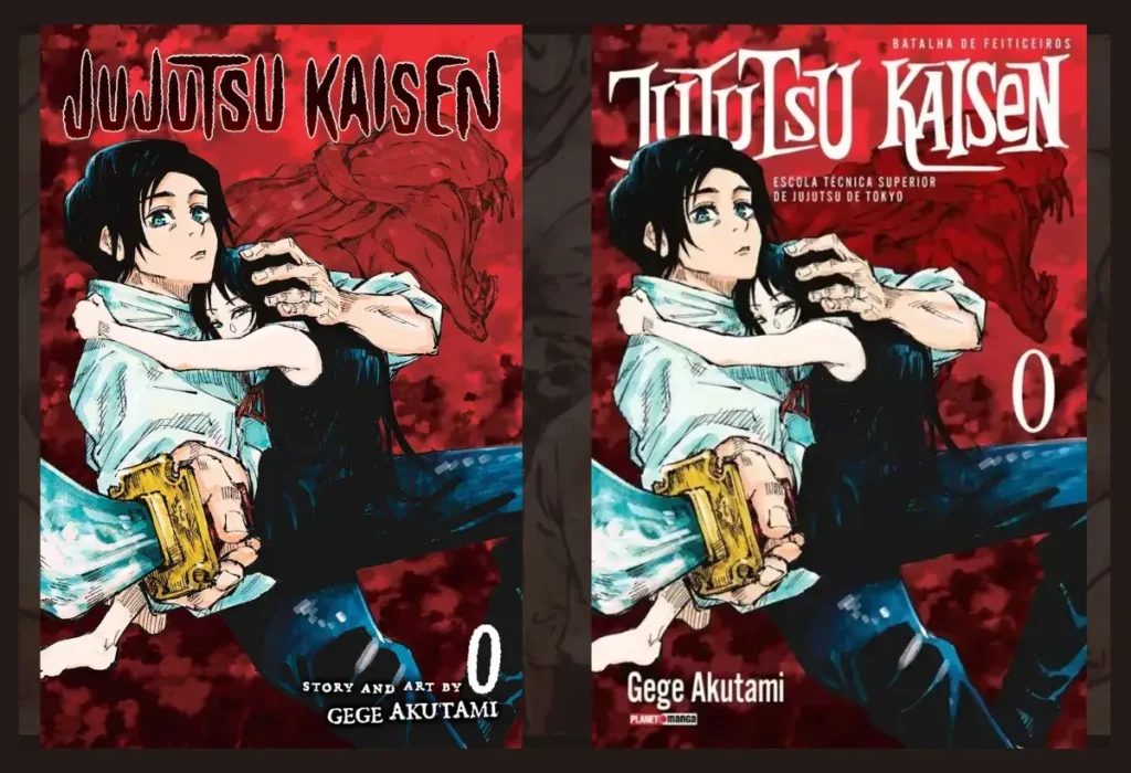 Capas do mangá de Jujutsu Kaisen 0 (versões em inglês e português), a obra original que foi adaptada de forma fiel pelo filme.