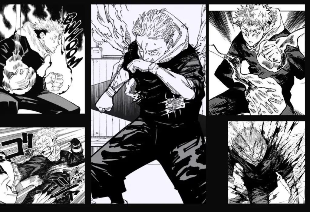 Poderes de Yuji Itadori: O Guia Definitivo de Sua Força, Técnicas e Evolução 9 Montagem de painéis do mangá de Jujutsu Kaisen mostrando a evolução e o futuro dos poderes de Yuji Itadori durante o arco do Jogo do Abate (Culling Game).