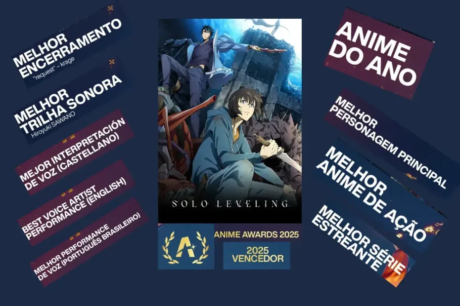 Montagem celebrando as vitórias de Solo Leveling no Crunchyroll Anime Awards 2025, ilustrando o impacto do sucesso da adaptação de um webtoon na indústria do anime e o futuro promissor para outras obras.