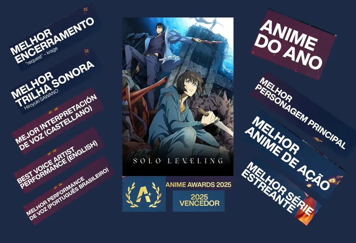 Montagem celebrando as vitórias de Solo Leveling no Crunchyroll Anime Awards 2025, ilustrando o impacto do sucesso da adaptação de um webtoon na indústria do anime e o futuro promissor para outras obras.