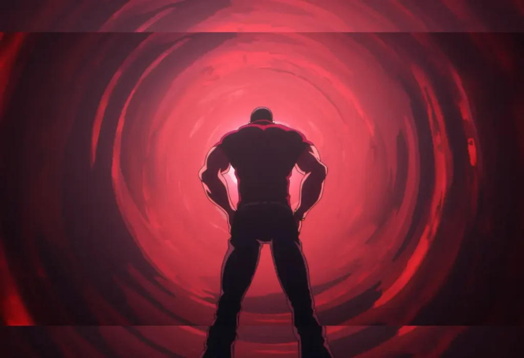 Gates e Dungeons em Solo Leveling: O Guia Definitivo dos Portais e Masmorras 2 Ilustração do temido Gate Vermelho em Solo Leveling, um tipo especial de portal que aprisiona os caçadores, com o caçador Rank-S Hwang Dong-Su em frente.