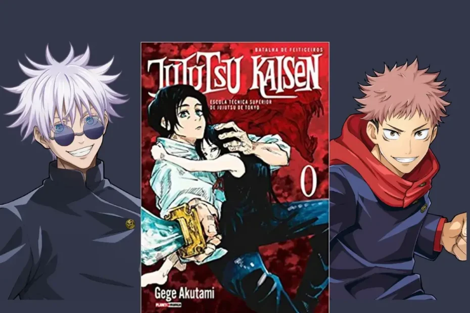 Montagem em homenagem a Gege Akutami, o(a) criador(a) de Jujutsu Kaisen, mostrando suas criações icônicas: Yuji Itadori, Yuta Okkotsu e Satoru Gojo.