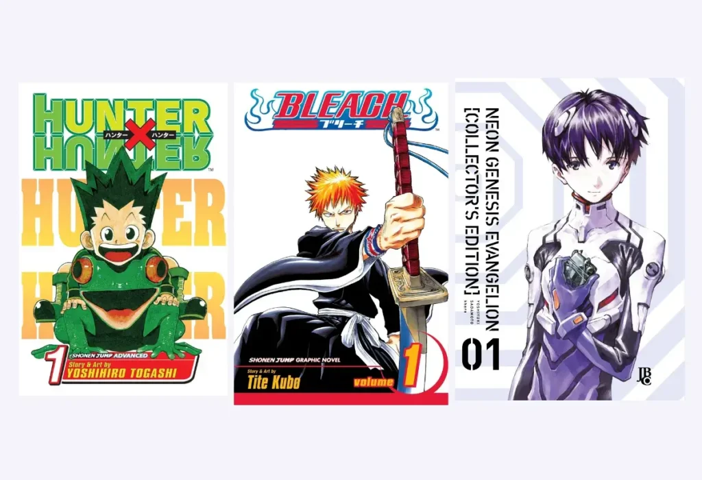 Gege Akutami: Conheça a Mente por Trás do Fenômeno Jujutsu Kaisen 11 Montagem mostrando as principais influências de Gege Akutami para criar Jujutsu Kaisen: as capas dos mangás Hunter x Hunter, Bleach e Neon Genesis Evangelion.