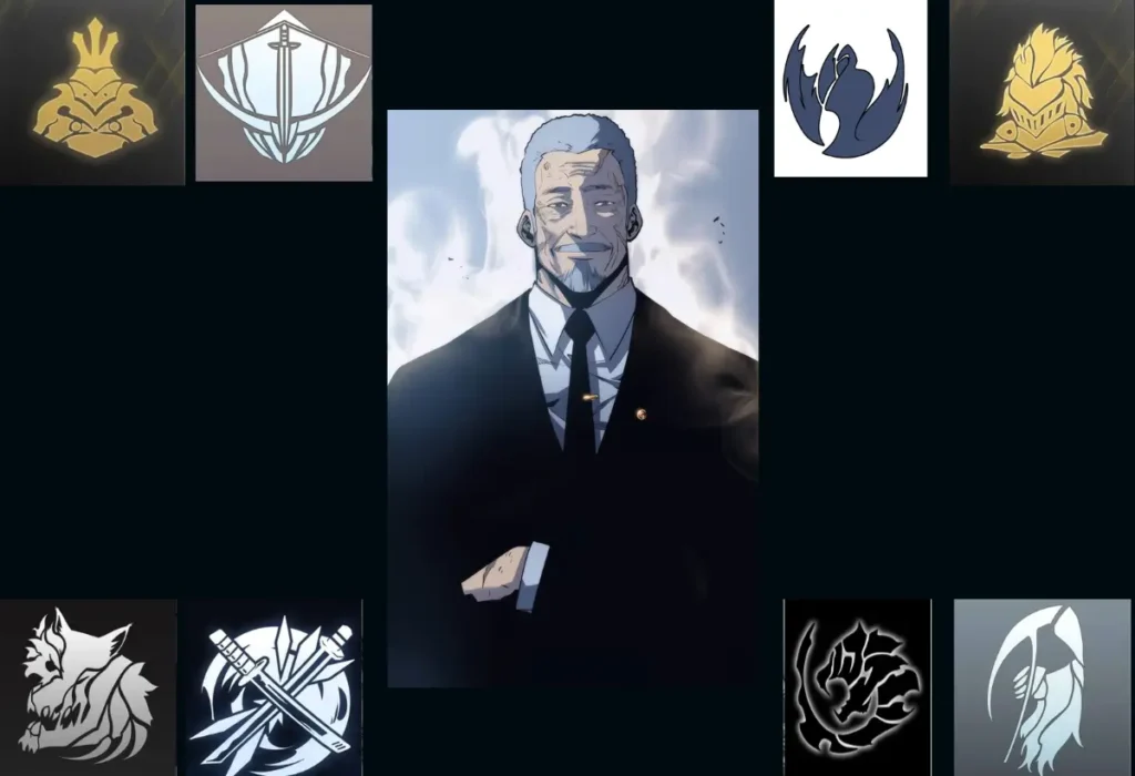 As Guildas de Solo Leveling: Como a Nova Economia e Sociedade Foram Criadas 8 Montagem mostrando o Presidente da Associação de Caçadores da Coreia, Go Gun-Hee, cercado pelos logos das principais guildas de Solo Leveling, incluindo Hunters, Cavaleiros, Tigre Branco e outras, ilustrando a estrutura de poder do mundo de caçadores.