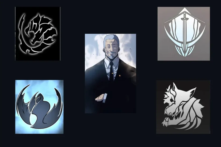 As principais Guildas de Solo Leveling representadas por seus logos ao redor do Presidente Go Gun-Hee, figuras centrais na nova economia e sociedade de caçadores.
