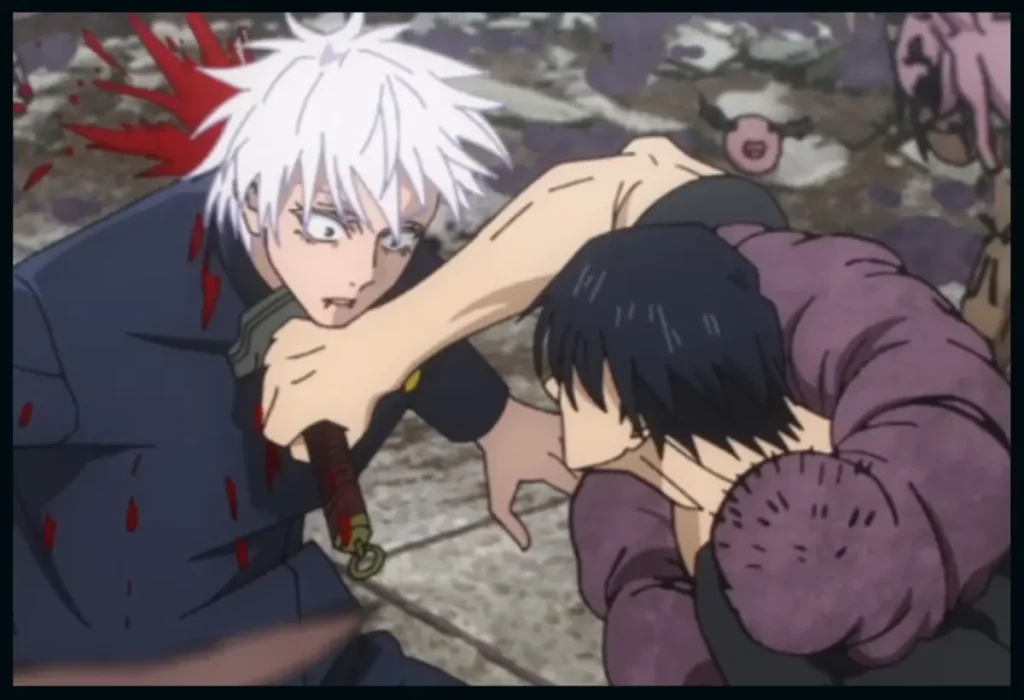 Cena da derrota chocante de Satoru Gojo por Toji Fushiguro no Arco do Passado, um momento crucial que desencadeia sua evolução.