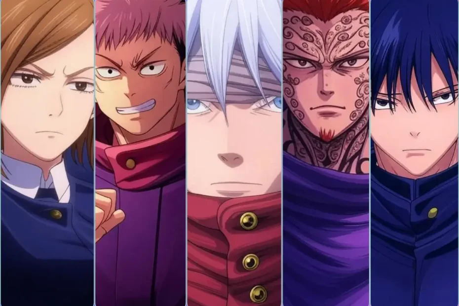 Guia definitivo de Jujutsu Kaisen, com montagem dos personagens principais: Nobara Kugisaki, Yuji Itadori, Satoru Gojo, Ryomen Sukuna e Megumi Fushiguro.