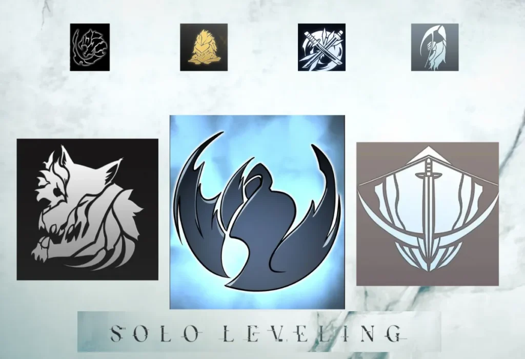 Montagem com os logos de diversas guildas importantes em Solo Leveling, representando a hierarquia de poder e o ranking das Guildas Mais Fortes analisado no artigo.