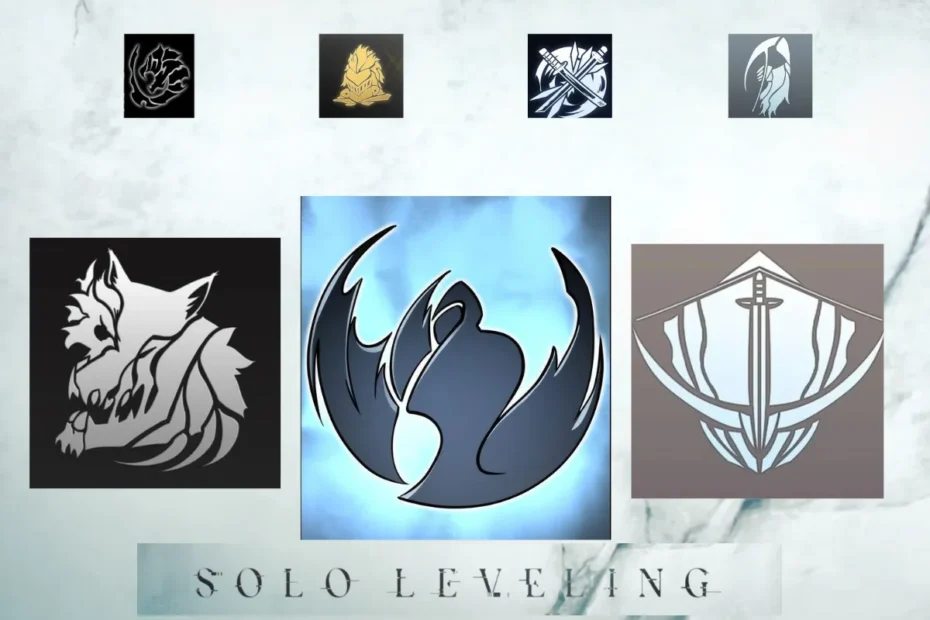 Montagem com os logos de diversas guildas importantes em Solo Leveling, representando a hierarquia de poder e o ranking das Guildas Mais Fortes analisado no artigo.