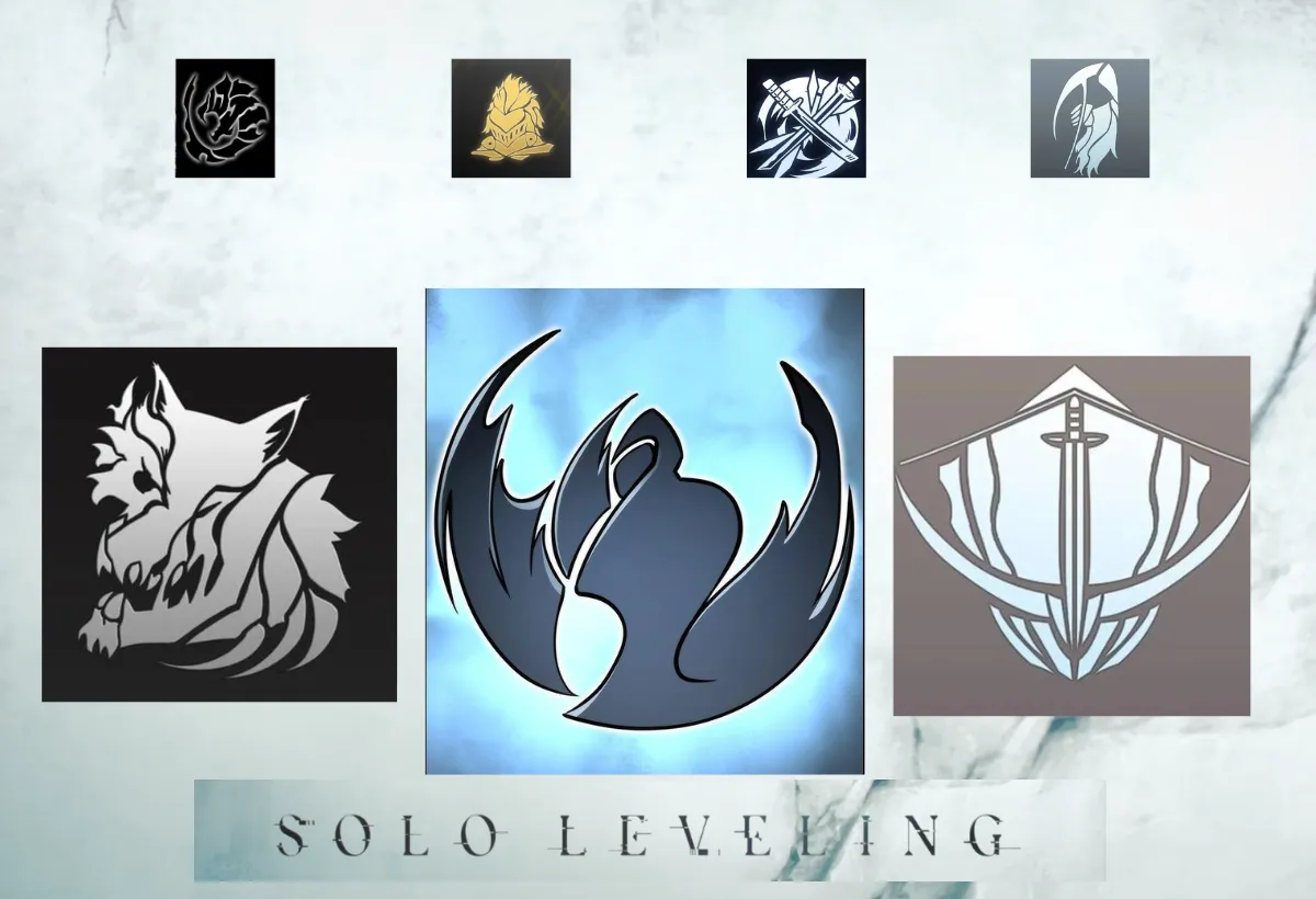 Montagem com os logos de diversas guildas importantes em Solo Leveling, representando a hierarquia de poder e o ranking das Guildas Mais Fortes analisado no artigo.