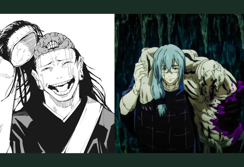 Guia Completo da Temporada 2 de Jujutsu Kaisen (Shibuya, Passado de Gojo e Análise) 3 Montagem dos vilões do Arco de Shibuya em Jujutsu Kaisen: Kenjaku (no corpo de Geto), cérebro do plano, e a maldição de grau especial Mahito segurando Hanami outra maldição de grau especial.