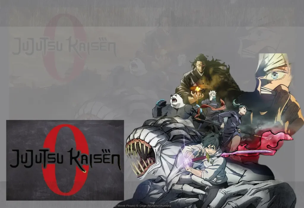 Guia definitivo do filme Jujutsu Kaisen 0, com o pôster oficial mostrando Yuta Okkotsu, a maldição Rika, Gojo e Geto, em uma análise completa da obra.