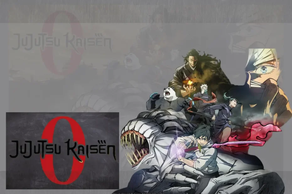 Guia definitivo do filme Jujutsu Kaisen 0, com o pôster oficial mostrando Yuta Okkotsu, a maldição Rika, Gojo e Geto, em uma análise completa da obra.
