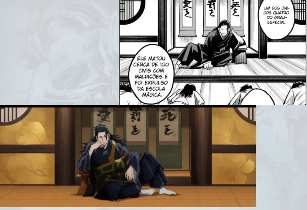 Jujutsu Kaisen: O Guia Definitivo Para Entrar no Mundo da Feitiçaria 10 Montagem mostrando o antagonista de Jujutsu Kaisen, Kenjaku (no corpo de Suguru Geto), com uma comparação lado a lado da cena no mangá e no anime.