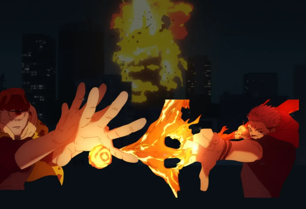 Ranking das 7 lutas mais brutais da 2ª temporada de Jujutsu Kaisen, com montagem da batalha de fogo entre Sukuna e Jogo em Shibuya.