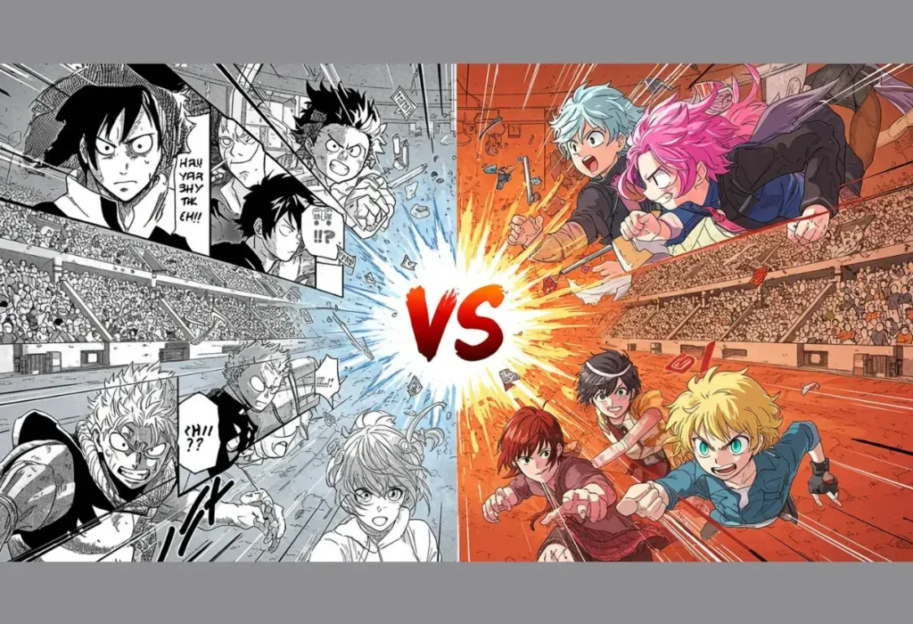 O Futuro dos Webtoons: Como o Sucesso de Solo Leveling Está Mudando a Indústria do Anime 3 Comparação visual entre o estilo de mangás (preto e branco, painéis tradicionais) e webtoons (colorido, dinâmico), ilustrando o debate sobre competição ou expansão de mercado.