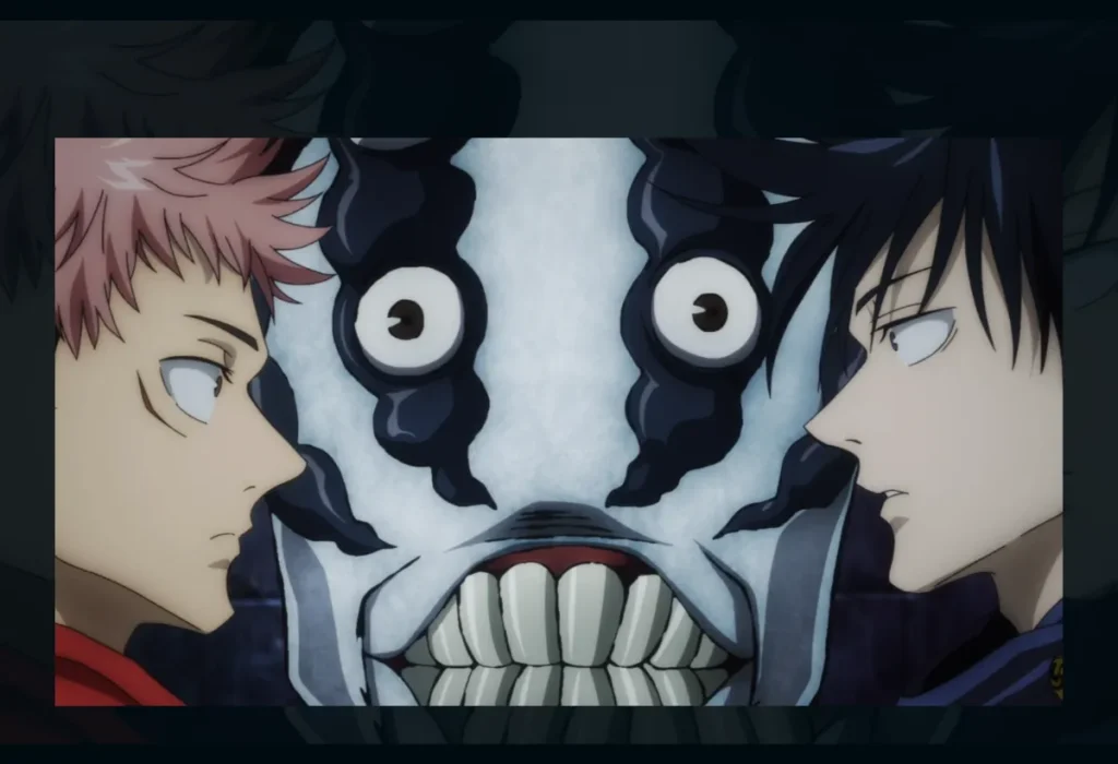Imagem promocional com Yuji Itadori, Megumi Fushiguro e um Portador do Dedo de Sukuna, representando as melhores lutas da 1ª temporada de Jujutsu Kaisen.
