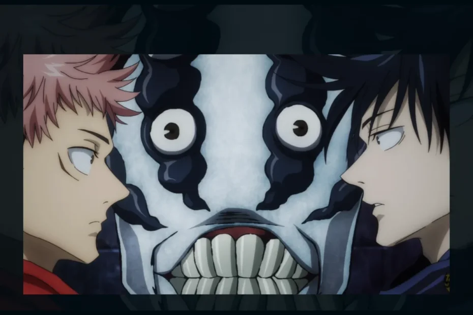 Imagem promocional com Yuji Itadori, Megumi Fushiguro e um Portador do Dedo de Sukuna, representando as melhores lutas da 1ª temporada de Jujutsu Kaisen.