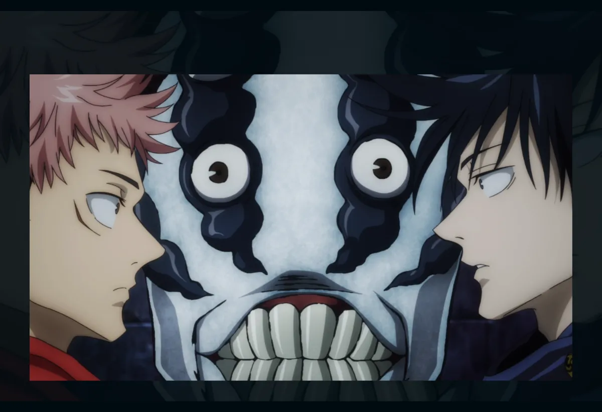 Imagem promocional com Yuji Itadori, Megumi Fushiguro e um Portador do Dedo de Sukuna, representando as melhores lutas da 1ª temporada de Jujutsu Kaisen.
