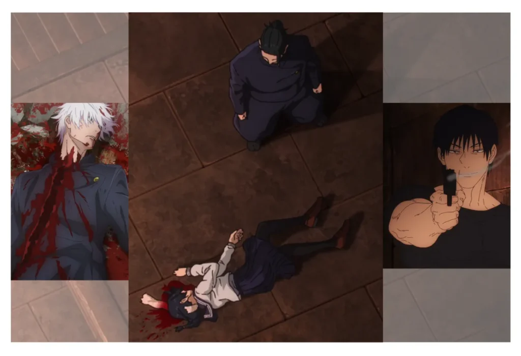 Montagem mostrando o ponto de ruptura na relação de Gojo e Geto: a morte de Riko Amanai por Toji Fushiguro e a derrota inicial de Gojo, eventos que mudaram tudo.