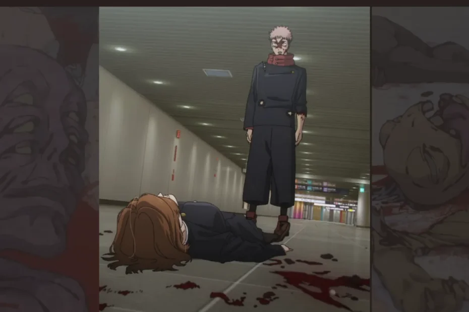 Análise das 5 mortes mais chocantes do Arco de Shibuya em Jujutsu Kaisen, com imagem de Yuji Itadori reagindo à queda de Nobara Kugisaki, simbolizando o impacto dos eventos.