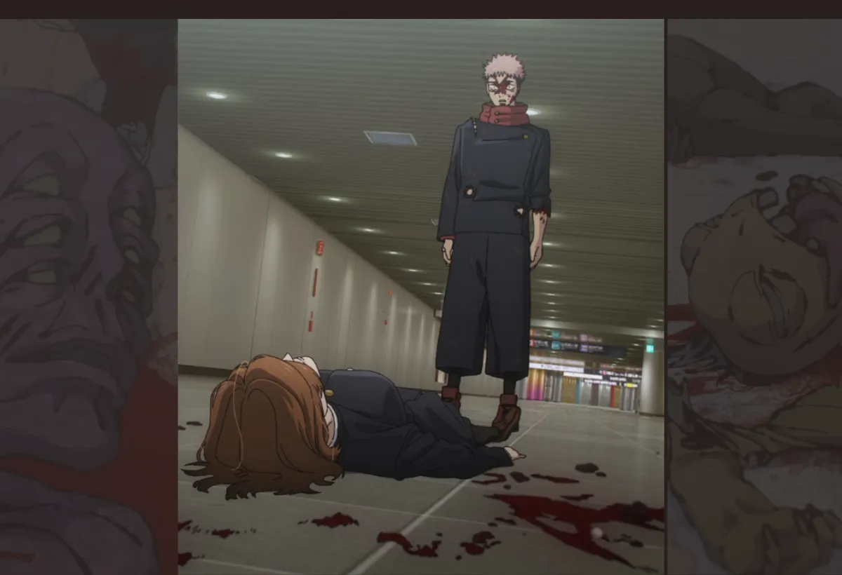 Análise das 5 mortes mais chocantes do Arco de Shibuya em Jujutsu Kaisen, com imagem de Yuji Itadori reagindo à queda de Nobara Kugisaki, simbolizando o impacto dos eventos.