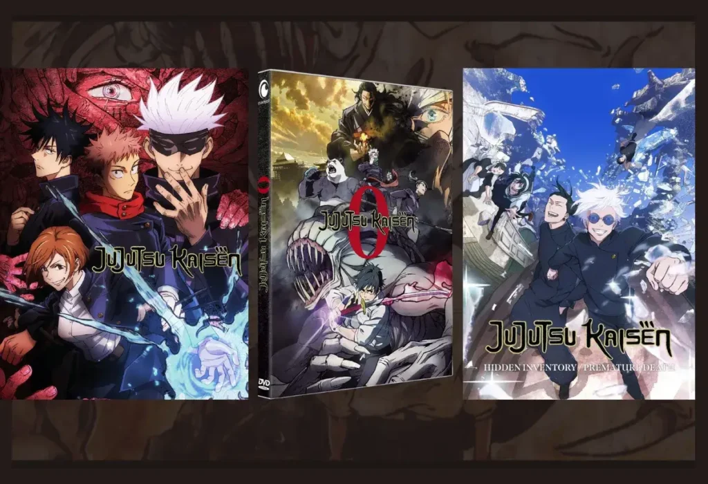 Guia visual da ordem recomendada para assistir Jujutsu Kaisen, mostrando os pôsteres da Temporada 1, do filme Jujutsu Kaisen 0 e da Temporada 2, da esquerda para a direita.