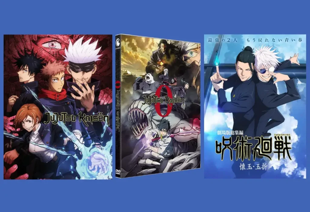 Guia Completo da Temporada 2 de Jujutsu Kaisen (Shibuya, Passado de Gojo e Análise) 5 Guia visual da ordem correta para assistir Jujutsu Kaisen, mostrando os pôsteres da Temporada 1, do filme Jujutsu Kaisen 0 e da Temporada 2, da esquerda para a direita.